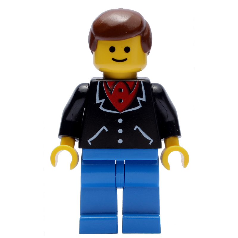 Homme, veste noire sur chemise rouge, jambes bleues, cheveux bruns (Man, Black Jacket over Red Shirt, Blue Legs, Brown Hair)