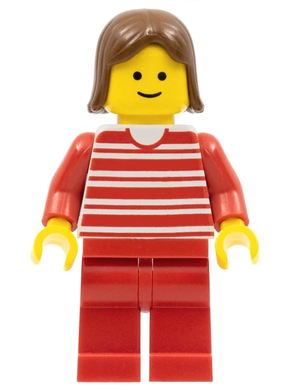 Femme, chemise rayée rouge et blanche, jambes rouges, cheveux bruns (3626a tête) (Woman, Red and White Striped Shirt, Red Legs, Brown Hair (3626a Head))