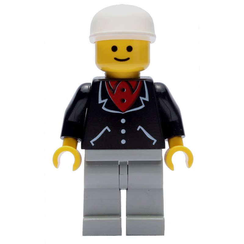 Homme, veste noire sur chemise rouge, jambes gris clair, casquette blanche (Man, Black Jacket over Red Shirt, Light Gray Legs, White Cap)