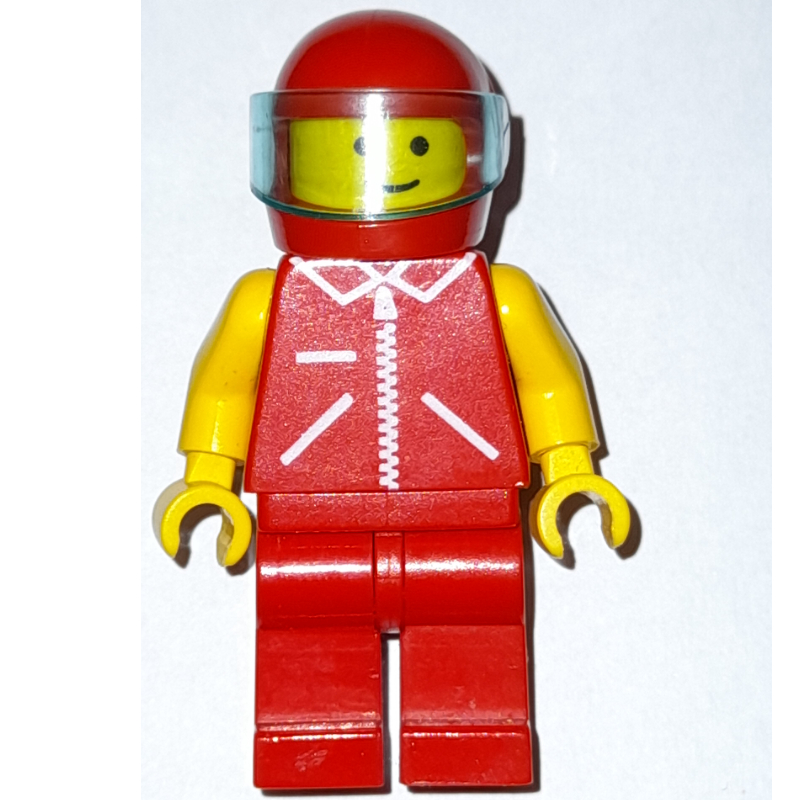 Homme, veste rouge avec fermeture éclair et poches, jambes rouges, casque rouge avec visière (Man, Red Jacket with Zipper and Pockets, Red Legs, Red Helmet with Visor)