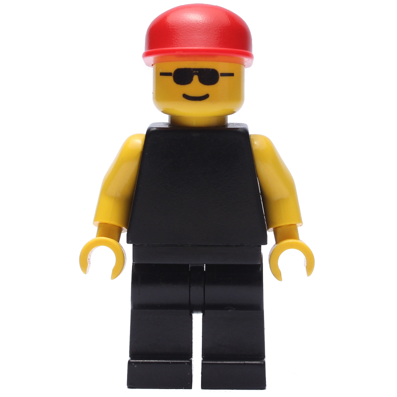 Homme, noir uni, casquette rouge, lunettes de soleil (Man, Plain Black, Red Cap, Sunglasses)