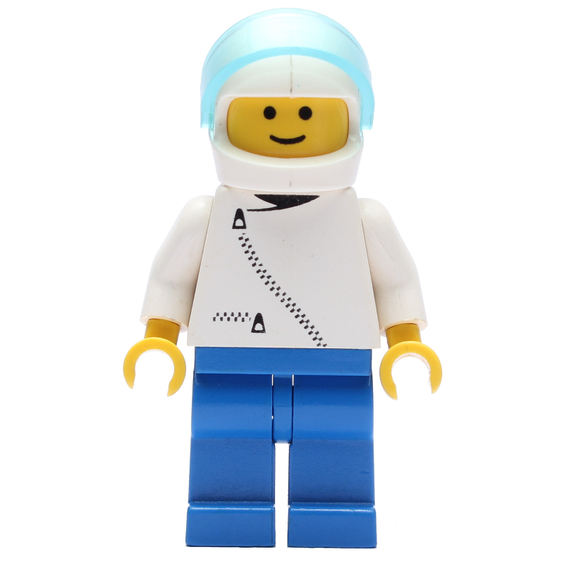 Homme, veste blanche avec fermeture éclair, jambes bleues, casque blanc avec visière (Man, White Jacket with Zipper, Blue Legs, White Helmet with Visor)