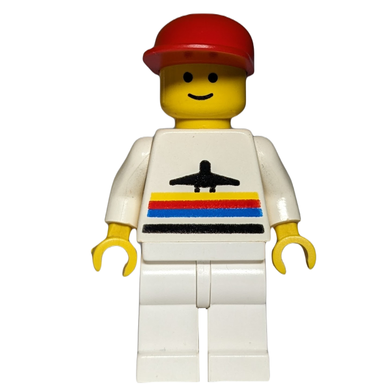 Homme, chemise blanche avec avion, jambes blanches, casquette rouge (Man, White Shirt with Airplane, White Legs, Red Cap)