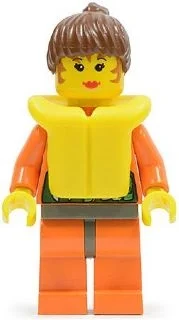 Femme, chemise orange avec gilet vert avec clé, cheveux bruns, gilet de sauvetage jaune (Woman, Orange Shirt with Green Vest with Wrench, Brown Hair, Yellow Life Vest)