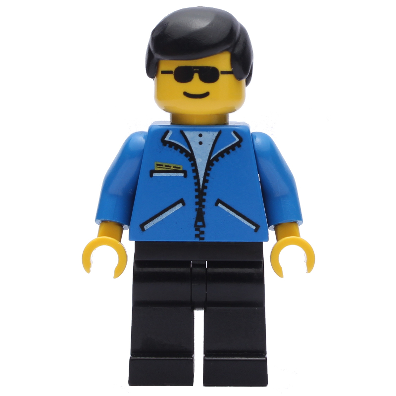 Homme, veste bleue ouverte avec fermeture à glissière, jambes noires, cheveux noirs, lunettes de soleil (Man, Open Blue Jacket with Zipper, Black Legs, Black Hair, Sunglasses)