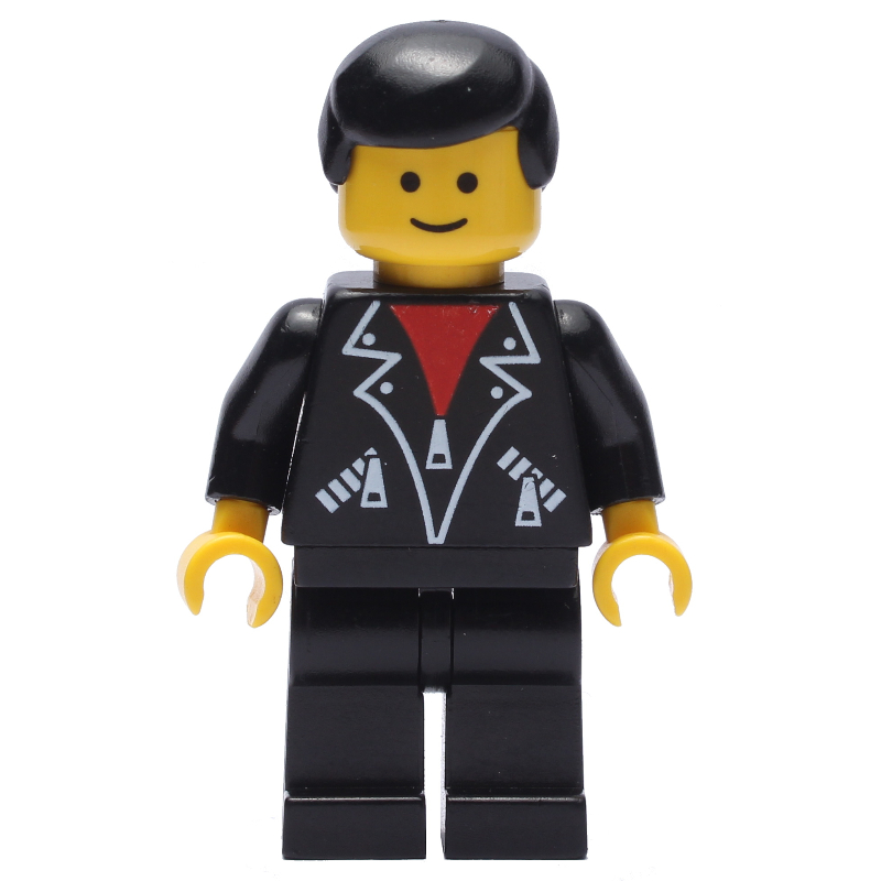 Homme, veste noire ouverte sur chemise rouge, jambes noires, cheveux noirs (Man, Open Black Jacket over Red Shirt, Black Legs, Black Hair)