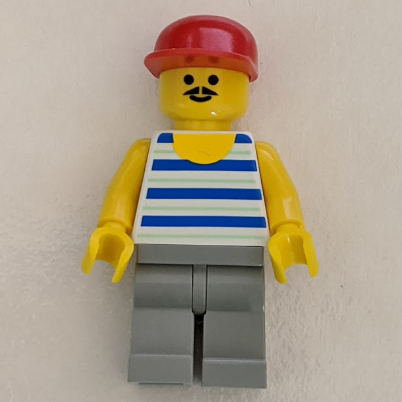 Homme, débardeur rayé bleu et blanc, casquette rouge, moustache (Man, Blue and White Striped Tank Top, Red Cap, Moustache)