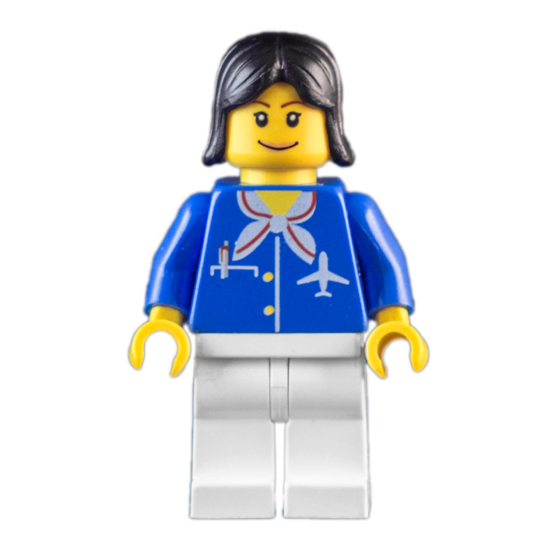 Travailleur de la compagnie aérienne, femme, veste bleue avec logo d'avion et écharpe blanche, jambes blanches, cheveux noirs, lèvres roses (Airline Worker, Woman, Blue Jacket with Plane Logo and White Scarf, White Legs, Black Hair, Pink Lips)