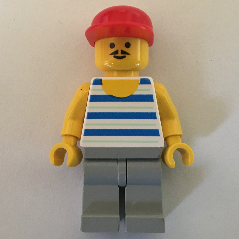 Homme, débardeur rayé bleu et blanc, jambes gris clair, casquette rouge, moustache (Man, Blue and White Striped Tank Top, Light Gray Legs, Red Cap, Moustache)