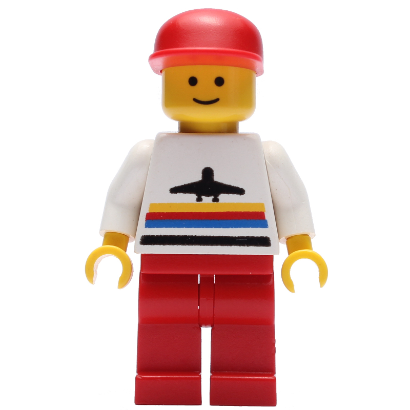 Homme, chemise blanche avec avion, jambes rouges, casquette rouge (Man, White Shirt with Airplane, Red Legs, Red Cap)
