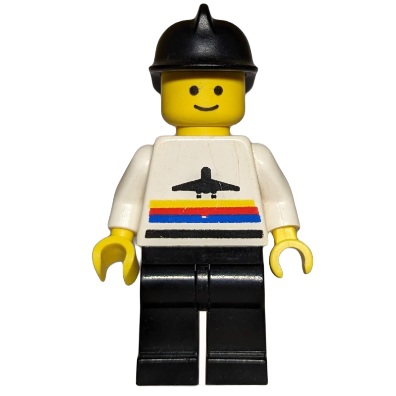 Homme, chemise blanche avec avion, jambes noires, casque noir (Man, White Shirt with Airplane, Black Legs, Black Helmet)