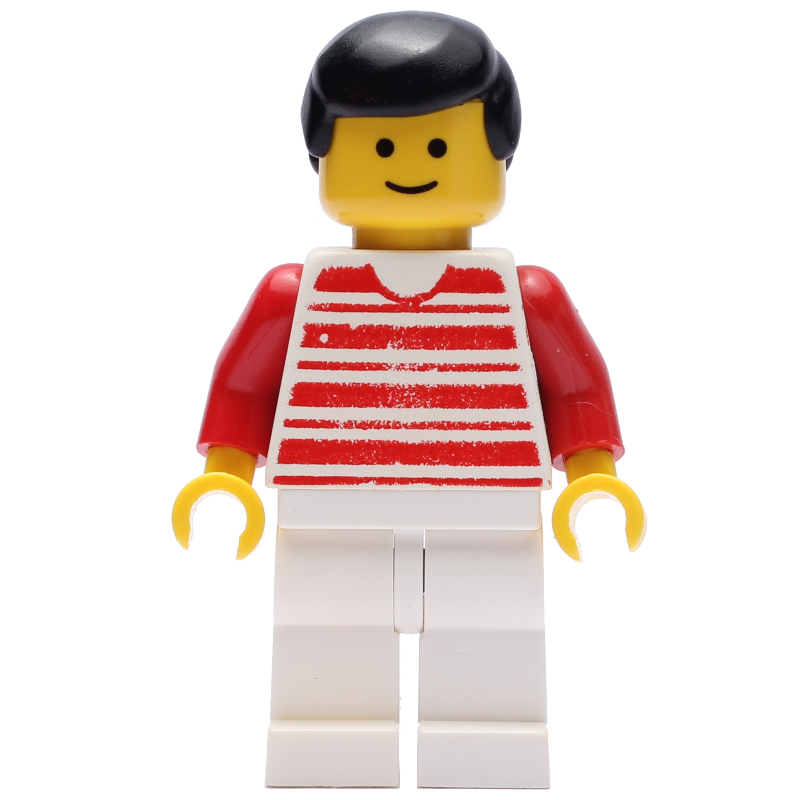 Homme, chemise rayée blanche et rouge, jambes blanches, cheveux noirs (Man, White and Red Striped Shirt, White Legs, Black Hair)