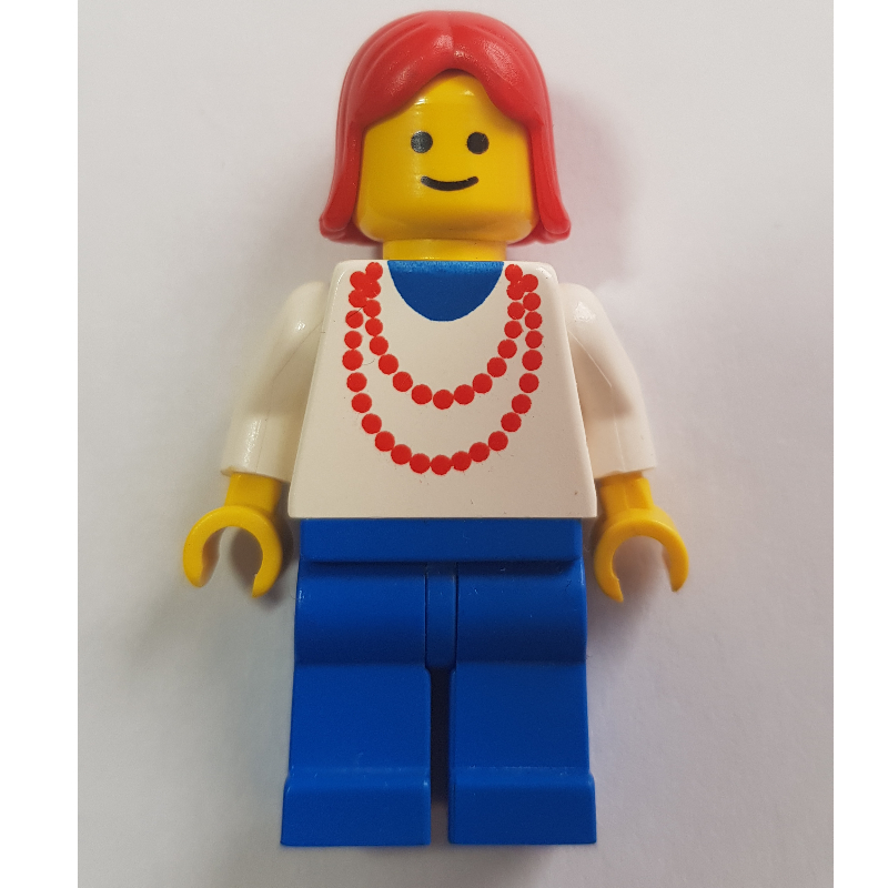 Femme, haut blanc avec collier rouge, jambes bleues, cheveux rouges (Woman, White Top with Red Necklace, Blue Legs, Red Hair)