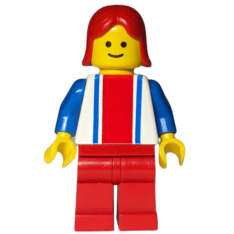 Femme, haut blanc avec grande bande rouge et 2 rayures bleues, jambes rouges, cheveux roux (Woman, White Top with Large Red Stripe and 2 Blue Stripes, Red Legs, Red Hair)