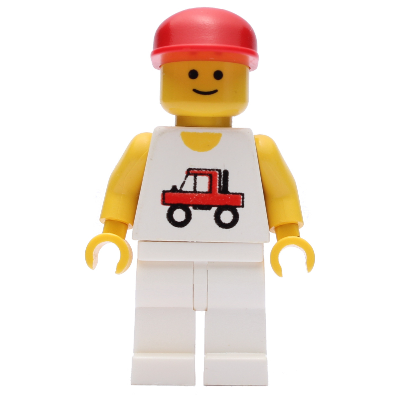 Homme, gilet blanc avec camion, jambes blanches, casquette rouge (Man, White Vest with Truck, White Legs, Red Cap)