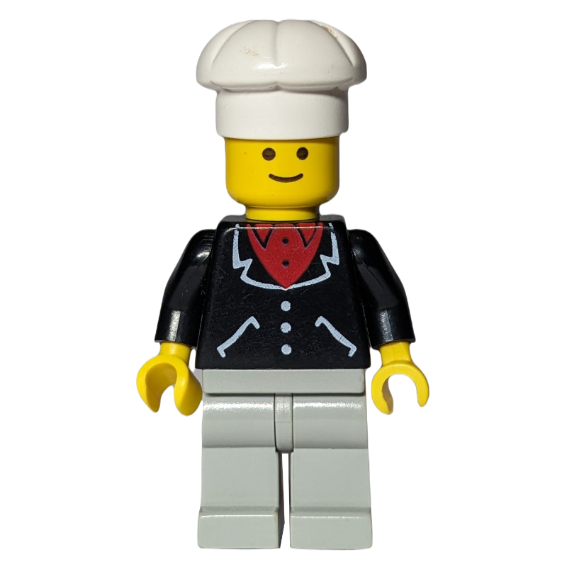 Cuisinier, veste noire sur chemise rouge, jambes gris clair (Chef, Black Jacket over Red Shirt, Light Gray Legs)