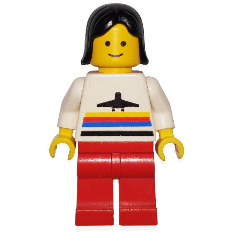 Femme, chemise blanche avec avion, jambes rouges, cheveux noirs (Woman, White Shirt with Airplane, Red Legs, Black Hair)