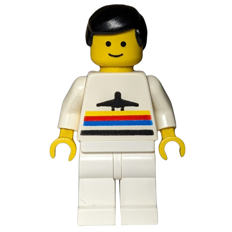 Homme, chemise blanche avec avion, jambes blanches, cheveux noirs (Man, White Shirt with Airplane, White Legs, Black Hair)
