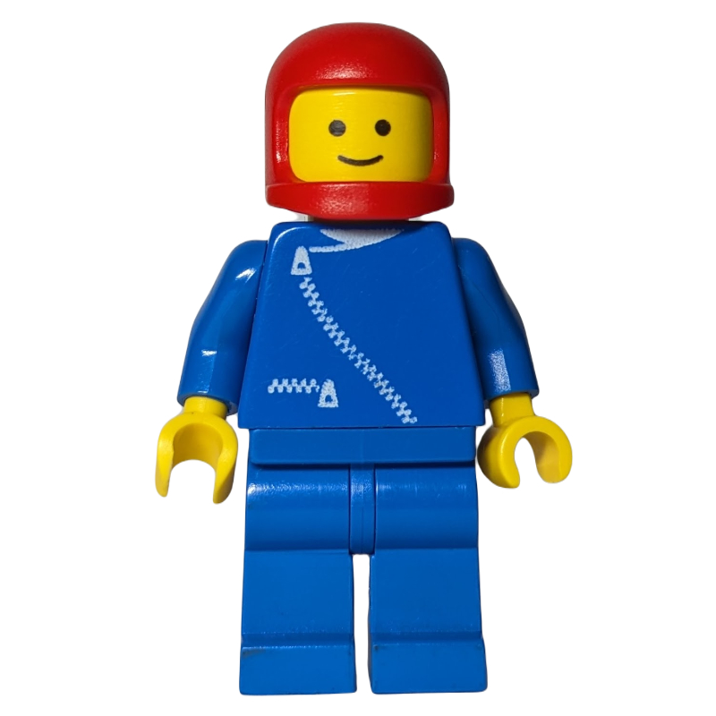 Homme, veste bleue avec fermeture à glissière, jambes bleues, casque rouge (Man, Blue Jacket with Zipper, Blue Legs, Red Helmet)