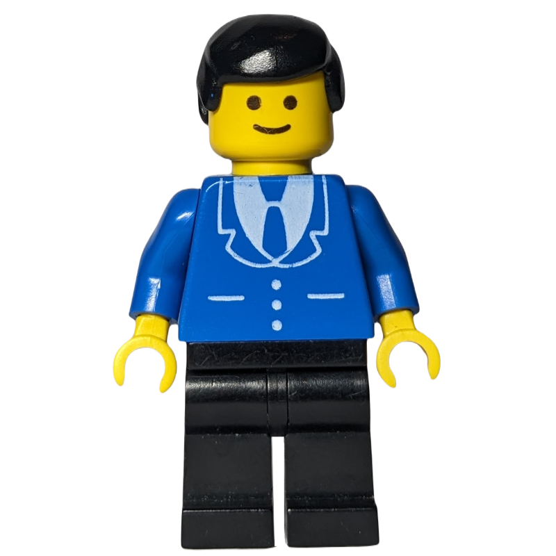 Homme, veste bleue avec cravate et trois boutons, jambes noires, cheveux noirs (3626a tête) (Man, Blue Jacket with Tie and Three Buttons, Black Legs, Black Hair (3626a Head))