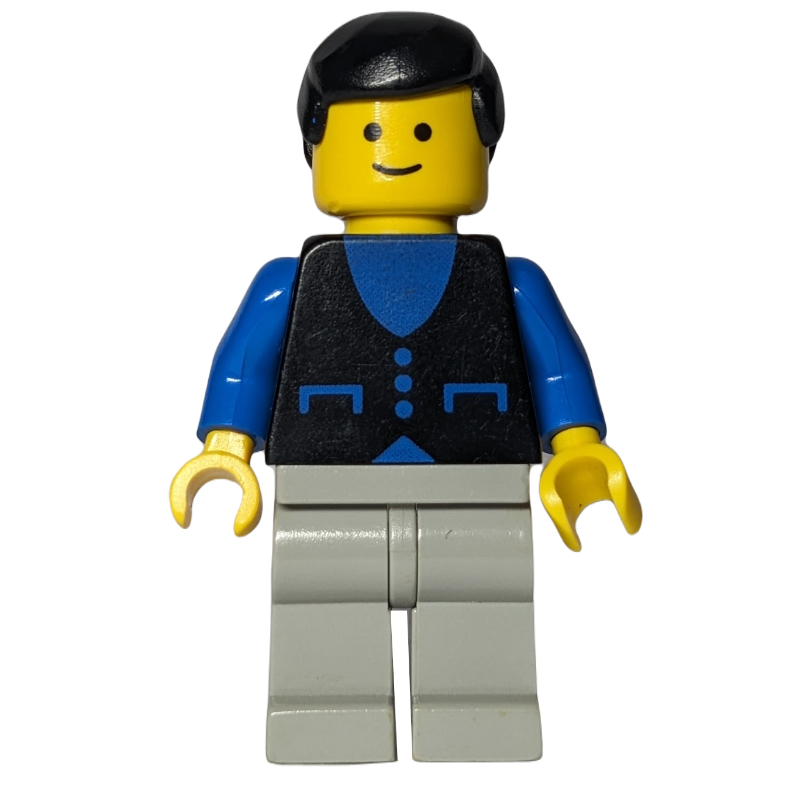 Homme, gilet noir sur chemise bleue, jambes gris clair, cheveux noirs (Man, Black Vest over Blue Shirt, Light Gray Legs, Black Hair)