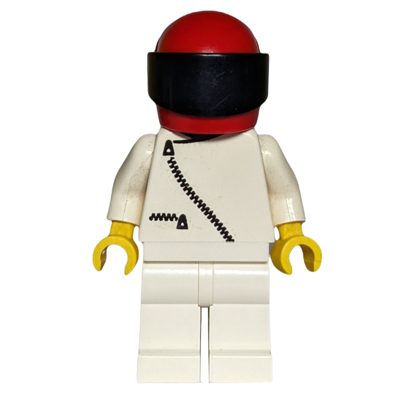 Pilote de course, veste blanche avec fermeture à glissière, jambes blanches, casque rouge avec visière (Racer, White Jacket with Zipper, White Legs, Red Helmet with Visor)