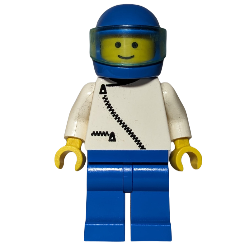 Homme, veste blanche avec fermeture éclair, jambes bleues, casque bleu avec visière (Man, White Jacket with Zipper, Blue Legs, Blue Helmet with Visor)