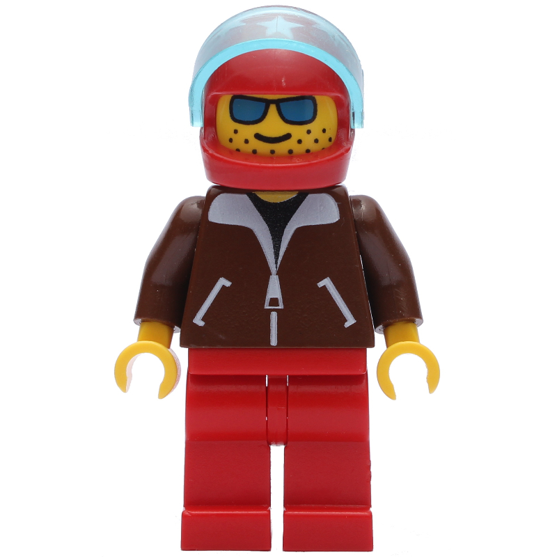 Pilote, veste brune, jambes rouges, casque rouge avec étoiles et visière, lunettes de soleil bleues (Pilot, Brown Jacket, Red Legs, Red Helmet with Stars and Visor, Blue Sunglasses)
