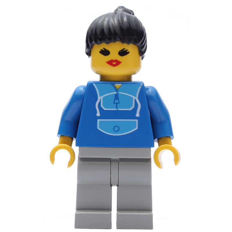 Femme, costume de jogging bleu et gris clair, cheveux noirs (Woman, Blue and Light Gray Jogging Suit, Black Hair)