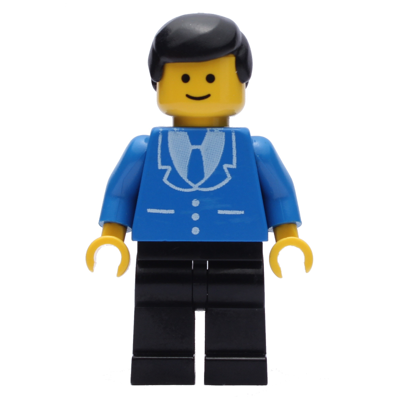 Homme, veste bleue avec cravate et trois boutons, jambes noires, cheveux noirs (3626b tête) (Man, Blue Jacket with Tie and Three Buttons, Black Legs, Black Hair (3626b Head))