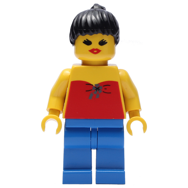 Femme, licol rouge, jambes bleues, cheveux noirs (Woman, Red Halter Top, Blue Legs, Black Hair)