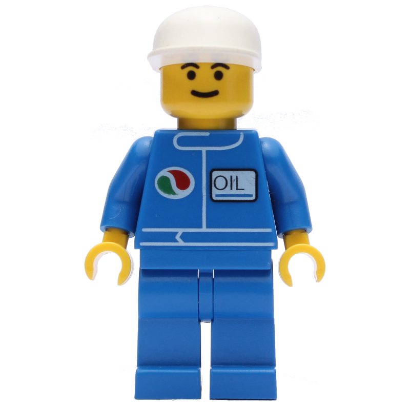 Homme, combinaison bleue avec logo Octan, casquette blanche (Man, Blue Jumpsuit with Octan Logo, White Cap)