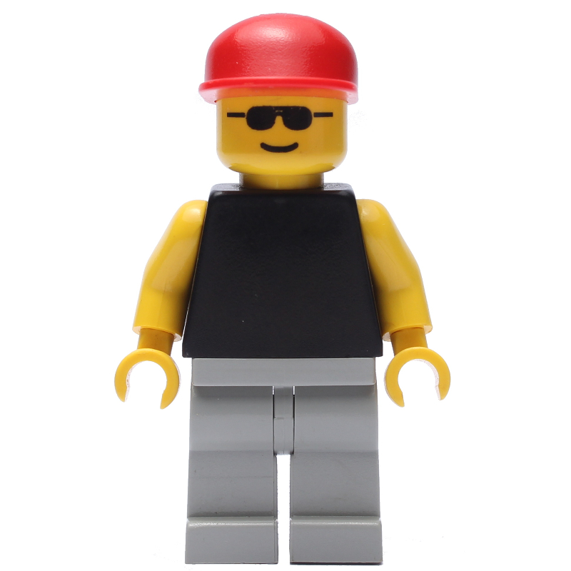 Homme, torse noir avec bras jaunes, jambes gris clair, casquette rouge, lunettes de soleil (Man, Black Torso with Yellow Arms, Light Gray Legs, Red Cap, Sunglasses)