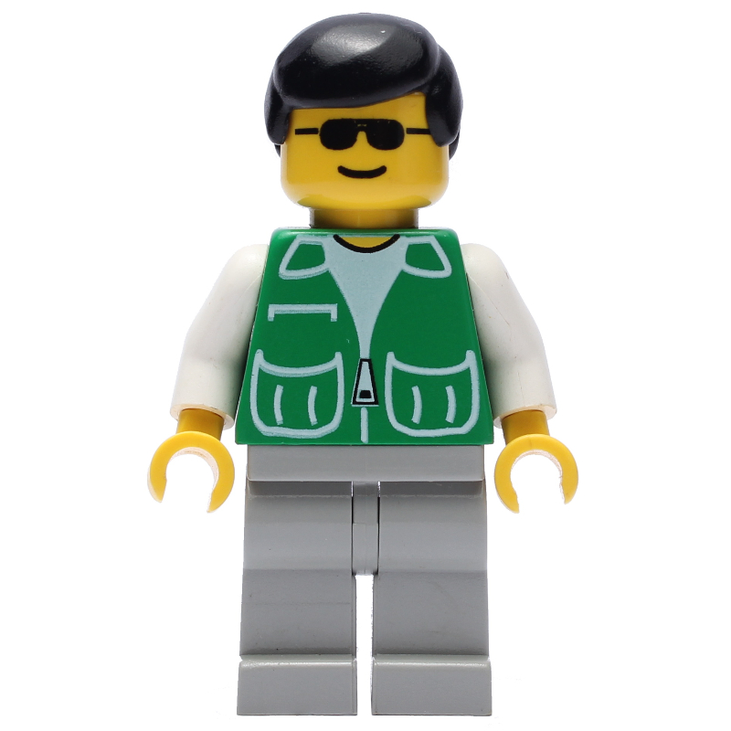 Homme, veste verte, jambes gris clair, cheveux noirs, lunettes de soleil (Man, Green Jacket, Light Gray Legs, Black Hair, Sunglasses)