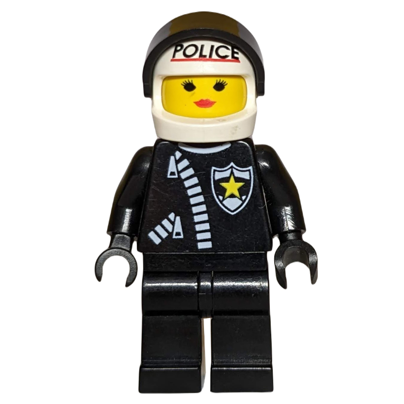 Paula - policière, veste noire avec fermeture éclair et badge, casque blanc avec 'police' et visière (Paula - Policewoman, Black Jacket with Zipper and Badge, White Helmet with 'POLICE' and Visor)