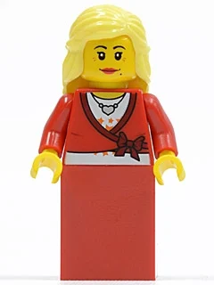 Femme, cardigan noué avec arc et collier, jupe rouge, cheveux jaune clair lumineux (Woman, Cardigan Tied with Bow and Necklace, Red Skirt, Bright Light Yellow Hair)