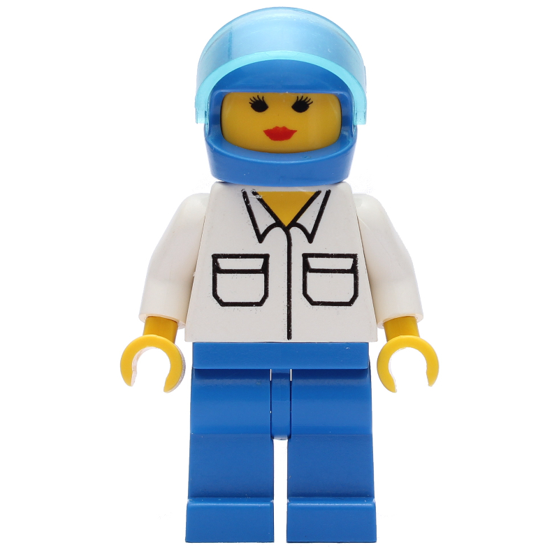 Femme, chemise blanche avec poches, jambes bleues, casque bleu avec visière (Woman, White Shirt with Pockets, Blue Legs, Blue Helmet with Visor)