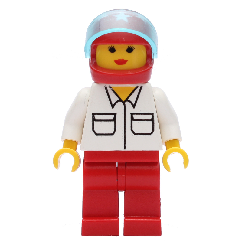 Femme, chemise blanche avec poches, jambes rouges, casque rouge avec étoiles et visière (Woman, White Shirt with Pockets, Red Legs, Red Helmet with Stars and Visor)