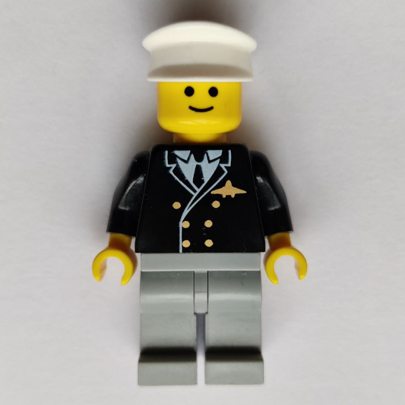 Pilote, veste noire avec cravate et badge avion, jambes gris bleuté clair, chapeau blanc (Pilot, Black Jacket with Tie and Airplane Badge, Light Bluish Gray Legs, White Hat)