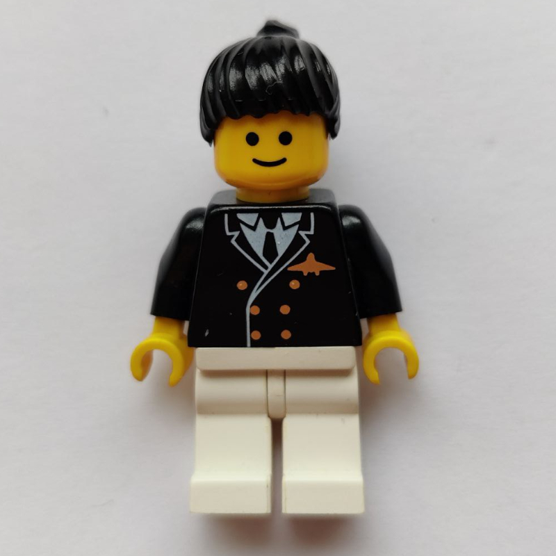 Pilote, femme, veste noire avec cravate et badge avion, jambes blanches, cheveux noirs (Pilot, Woman, Black Jacket with Tie and Airplane Badge, White Legs, Black Hair)