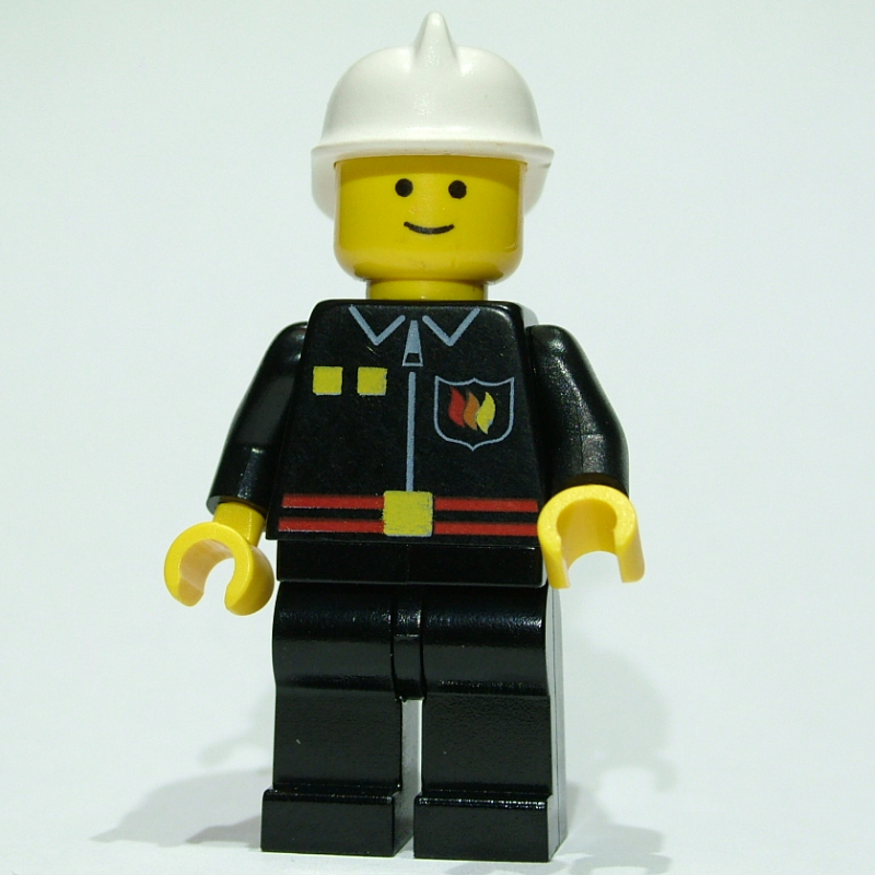 Pompier, veste de feu noir avec ceinture rouge et badge, casque blanc (Fireman, Black Fire Jacket with Red Belt and Badge, White Helmet)