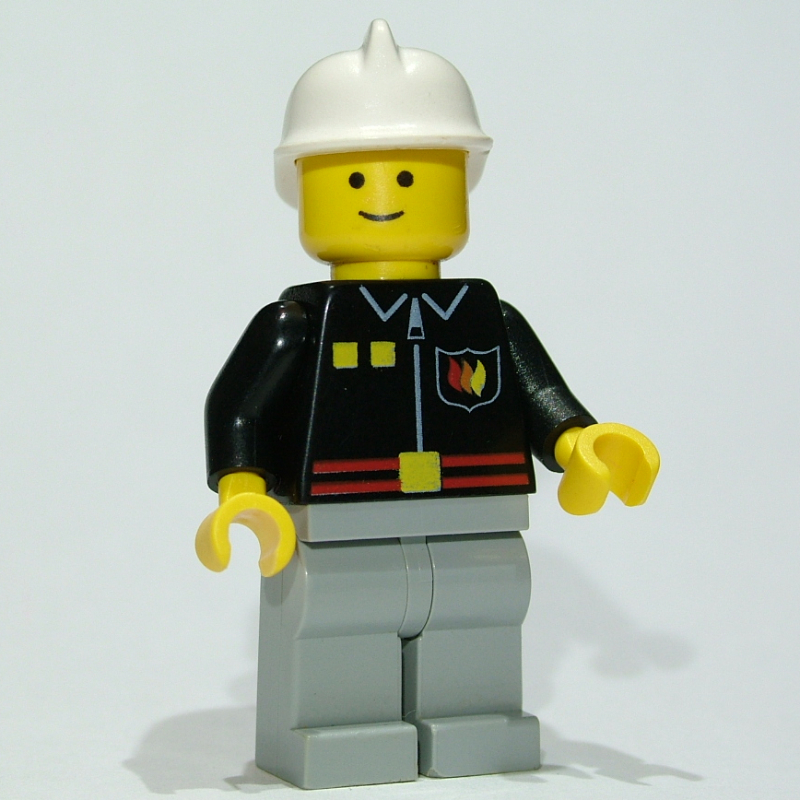 Pompier, veste de feu noir avec ceinture rouge et badge, jambes gris bleuté clair, casque blanc (Fireman, Black Fire Jacket with Red Belt and Badge, Light Bluish Gray Legs, White Helmet)