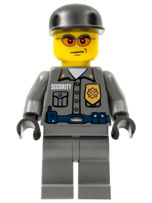 Garde de sécurité chemise gris bleuté foncé avec badge, casquette noire, lunettes de soleil orange (Security Guard Dark Bluish Gray Shirt with Badge, Black Cap, Orange Sunglasses)