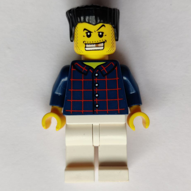 Homme, chemise à carreaux bleu foncé, jambes blanches, cheveux noirs, dent d'or (Man, Dark Blue Plaid Shirt, White Legs, Black Hair, Gold Tooth)