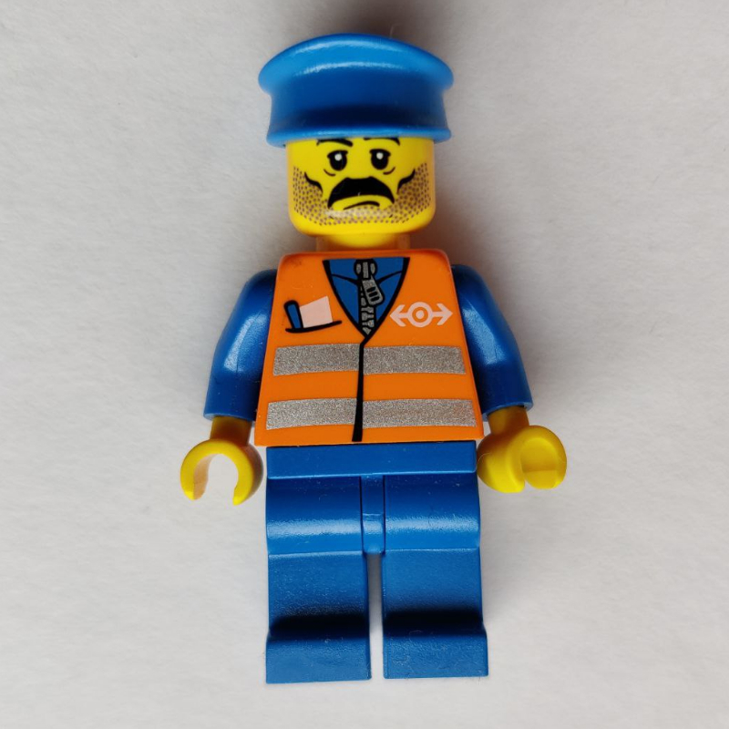 Employé ferroviaire, gilet de sécurité orange avec logo de train, jambes bleues, chapeau bleu, moustache (Train Worker, Orange Safety Vest with Train Logo, Blue Legs, Blue Hat, Moustache)