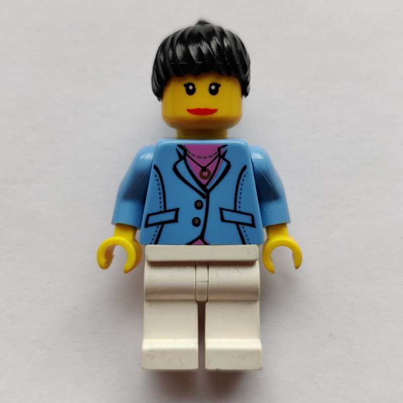 Femme, veste bleu moyen, jambes blanches, cheveux queue de cheval noir (Woman, Medium Blue Jacket, White Legs, Black Ponytail Hair)