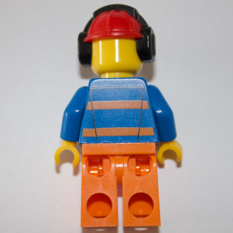 Ouvrier — torse bleu, jambes orange, casque rouge avec protecteurs d'oreille (Worker - Blue Torso, Orange Legs, Red Helmet with Ear Protectors)