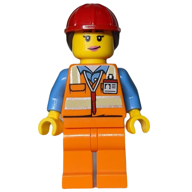 Travailleur - torse orange, jambes orange, casque rouge avec des cheveux brun rougeâtre (Worker - Orange Torso, Orange Legs, Red Helmet with Reddish Brown Hair)