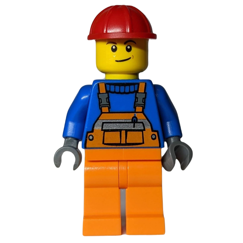 Ouvrier, salopette orange sur pull bleu, casque de chantier rouge (Worker, Orange Overalls over Blue Sweater, Red Hard Hat)