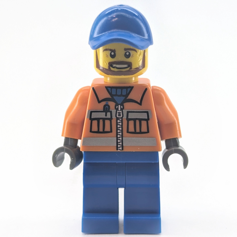 Travailleur - torse orange, jambes bleues, casquette bleue, barbe brun rougeâtre (Worker - Orange Torso, Blue Legs, Blue Cap, Reddish Brown Beard)